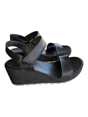 Sorel Black Leather Cameron Wedge Sandals with Ankle Strap